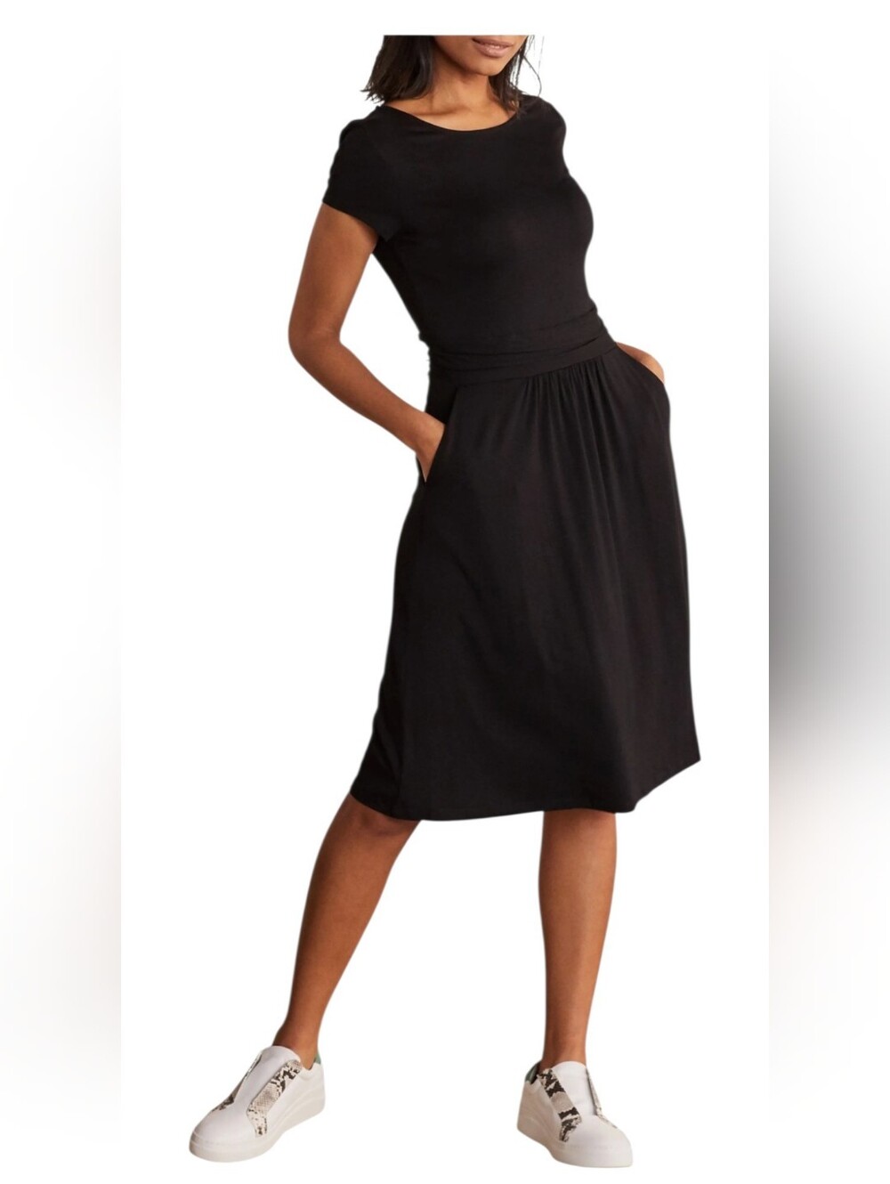 Boden Amelie Jersey Dress Black Ruched Waist Pockets Size US 4L Long